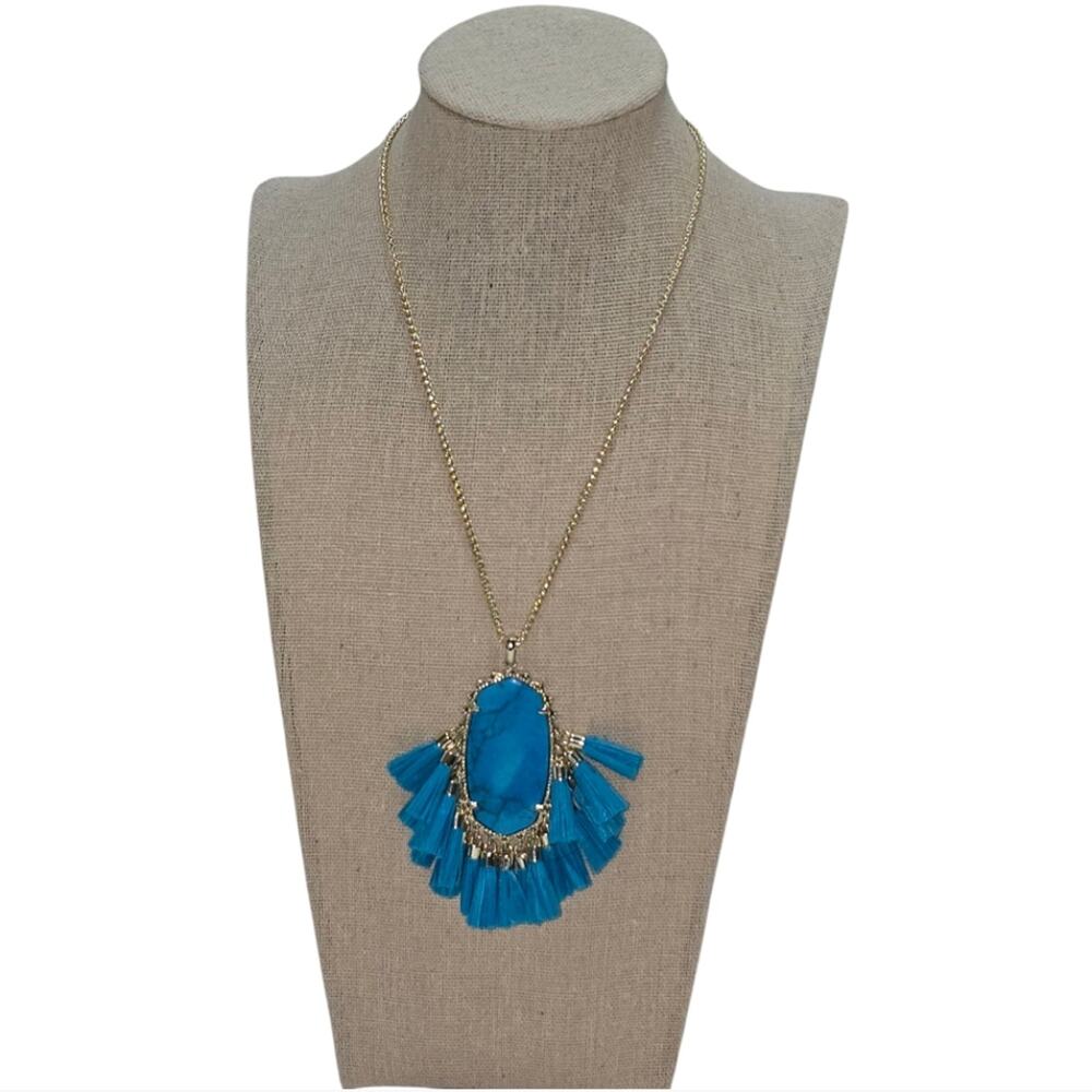 Kendra Scott Betsy Gold Tone Long‎ Drop Aqua Color Pendant Necklace Tassel